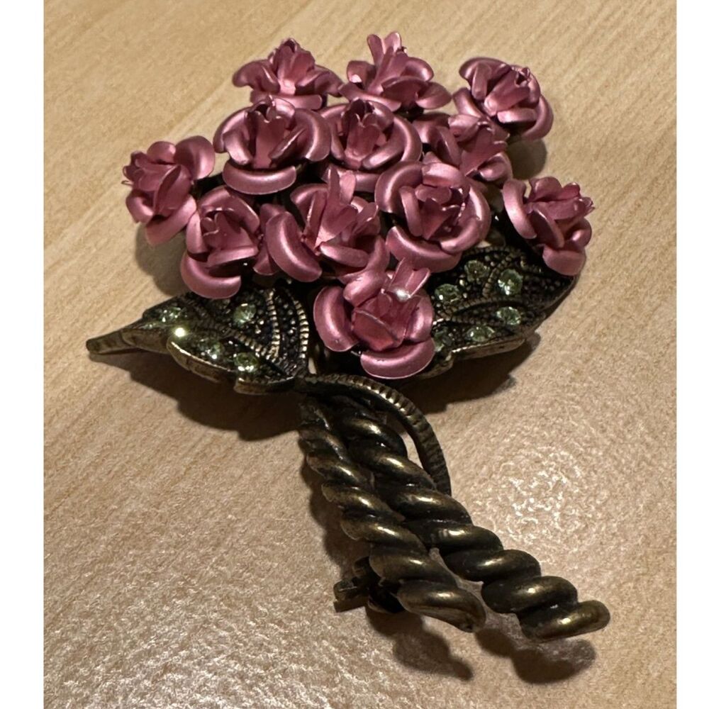 Vintage Avon Pink Enamel Rose Bouquet Brooch Pin Antique Brass Green Rhinestone